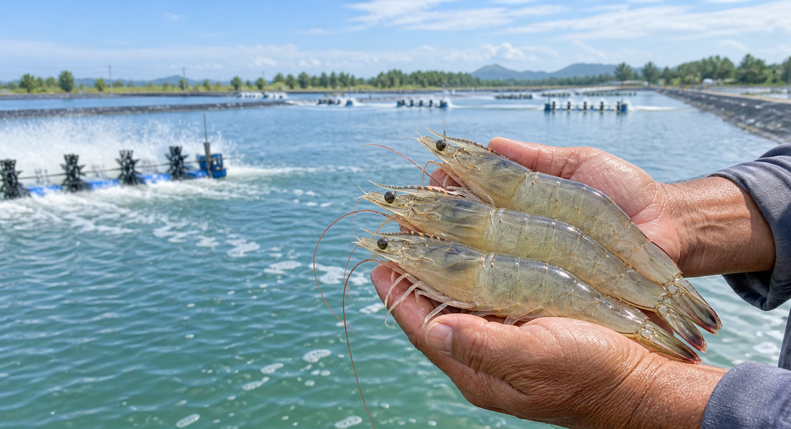 Healthy shrimp held above a working aquaculture pond